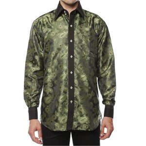 FERRECCI Mens Satine Hi-1010 Green Paisley Button Down Dress Shirt
